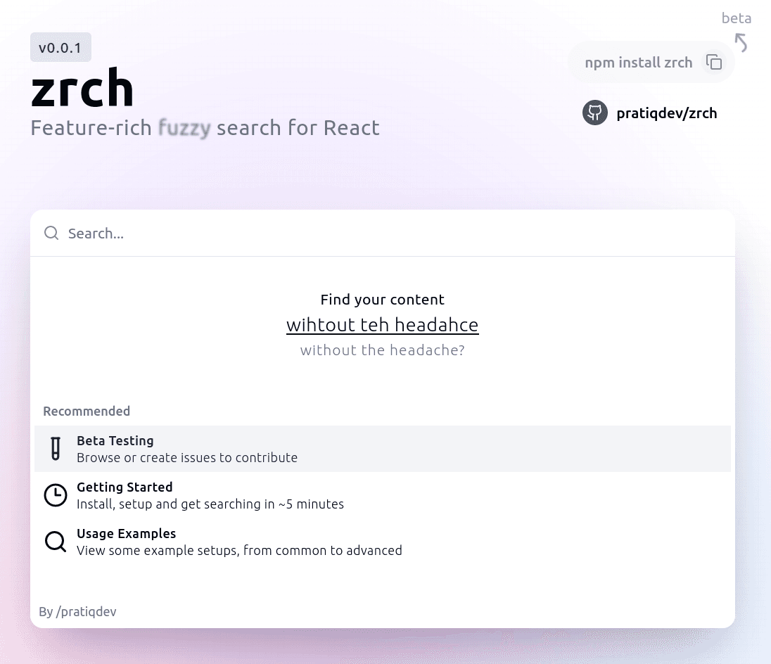 zrch fuzzy search for react