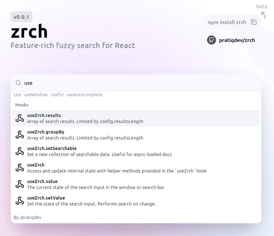 zrch fuzzy search for react